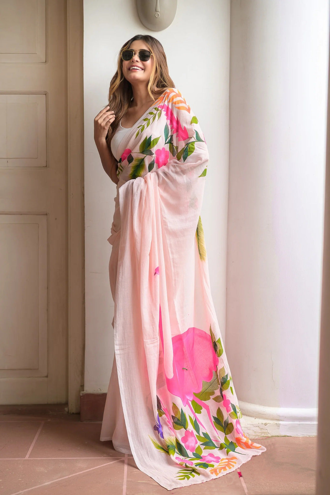 Premium Cotton Linen Saree cotton premium quality-Pink with flower design