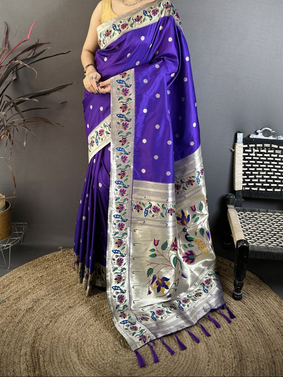 Designer Brocade All-Over Semi Silk Paithani Saree -royal Blue