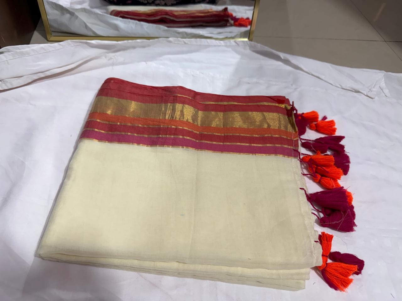 Mul Cotton soft saree - with strip boarders onam special saree