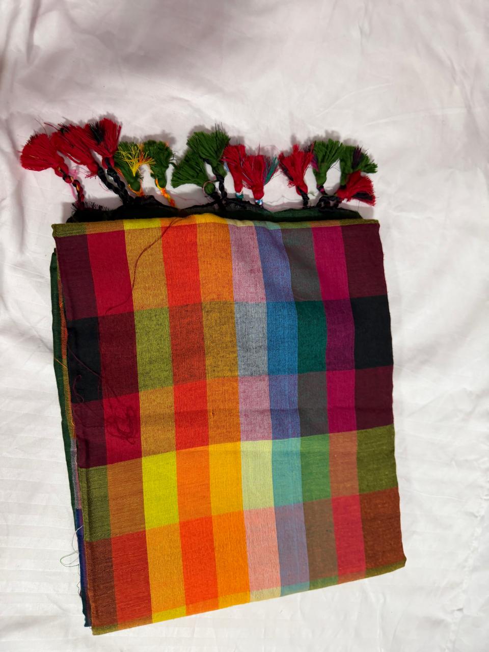 Mul Cotton soft saree - rainbow colour navy shade with checks in pallu