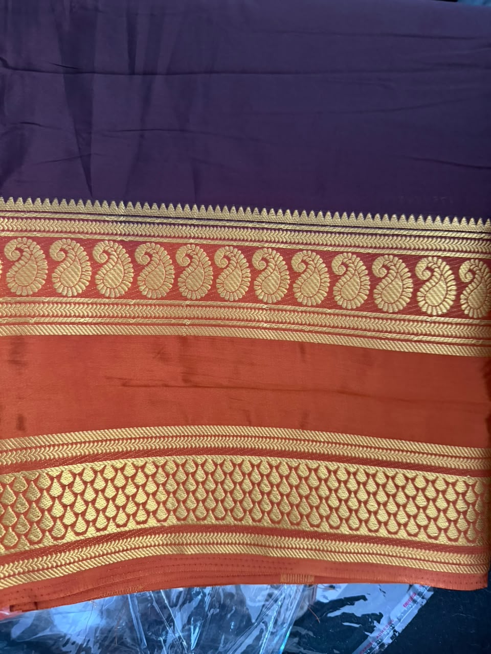 Mysore Crepe silk Saree with Bentex Border -dark brown mango double boarder.