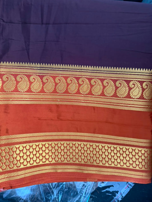 Mysore Crepe silk Saree with Bentex Border -dark brown mango double boarder.