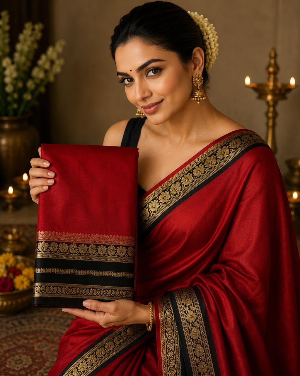 Mysore crepe silk saree- Rashmika madagini saree - red with black boarder