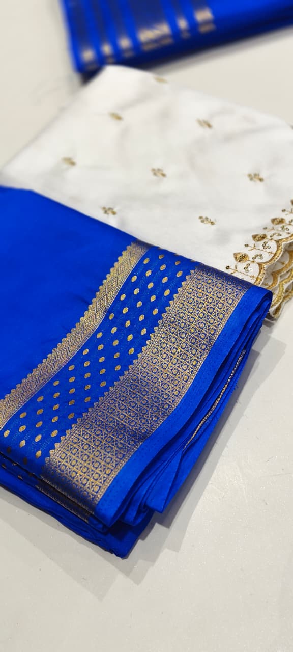 Mysore crepe silk saree- with flower boarder -smsll dot boarder with white blouse