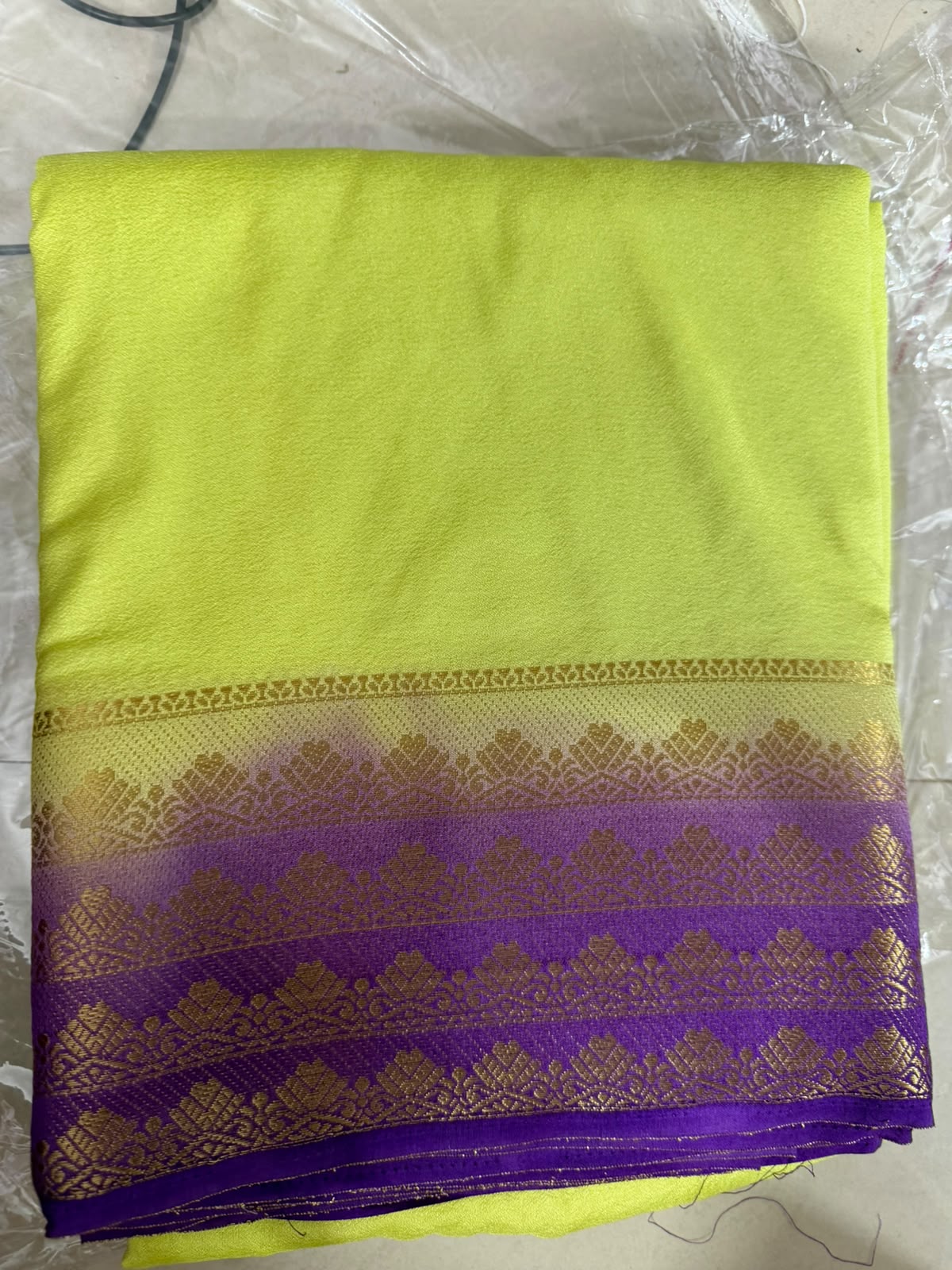 Semi-Crepe Silk Saree lemon colour with purple boarder