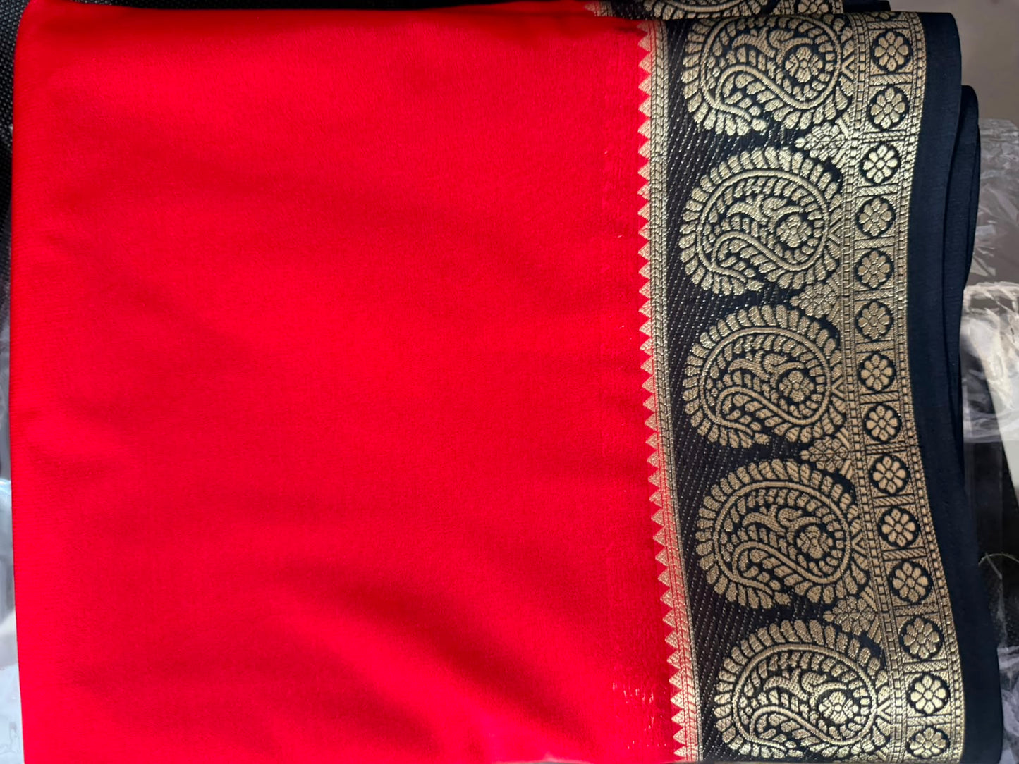 Mysore crepe silk saree- mango black boader- red colour