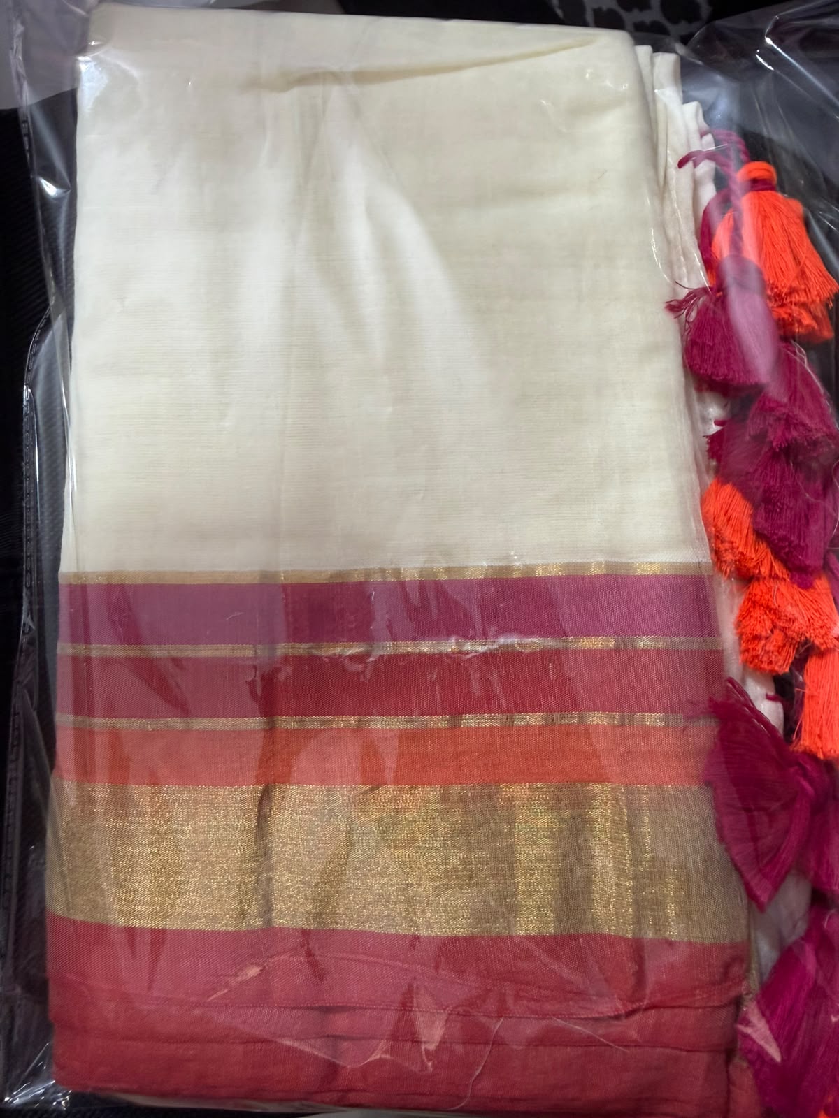Onam special saree Mulcotton ~orange n red gold boader