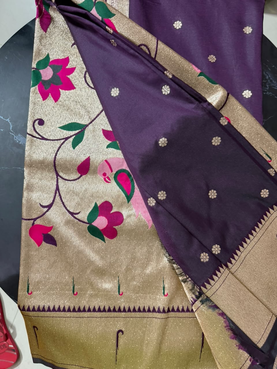 Designer Brocade All-Over Semi Silk Paithani Saree -flower buttas -Wine