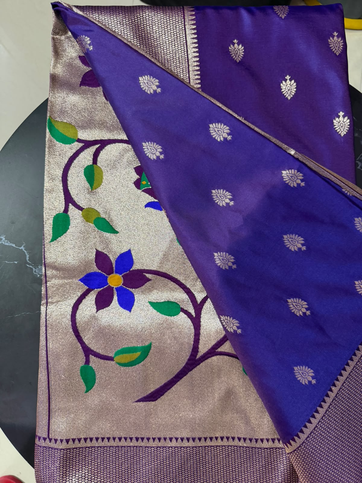 Designer Brocade All-Over Semi Silk Paithani Saree -leaf buttas blue colour very soft