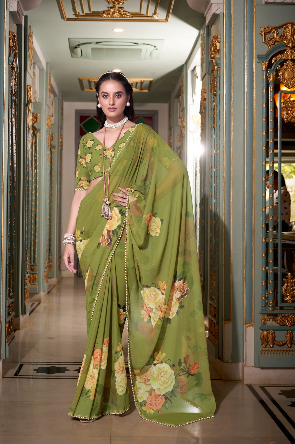 Elegant Light green Floral Organza Georgette Saree