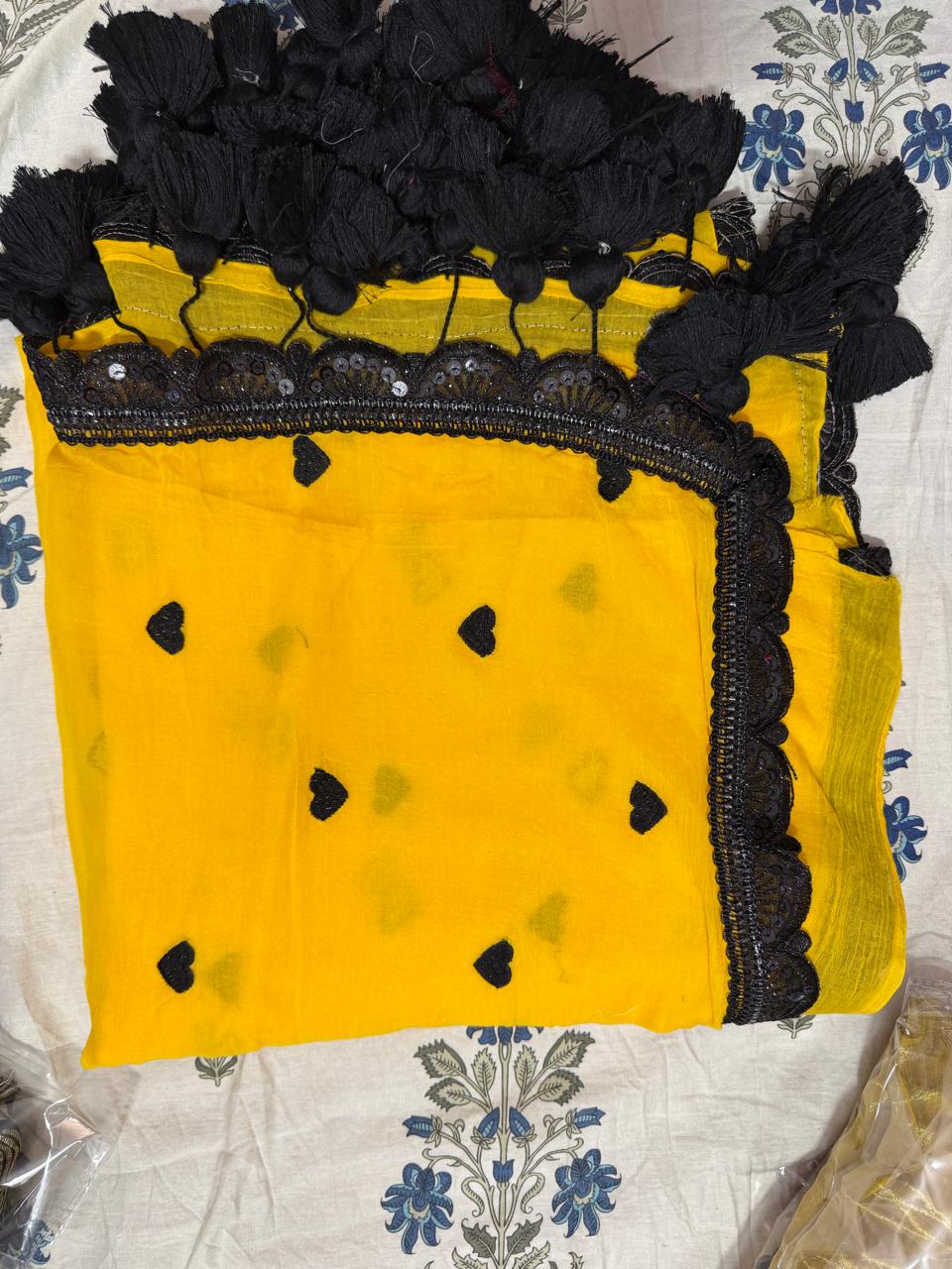 Premium Mul Embroidery work -yellow