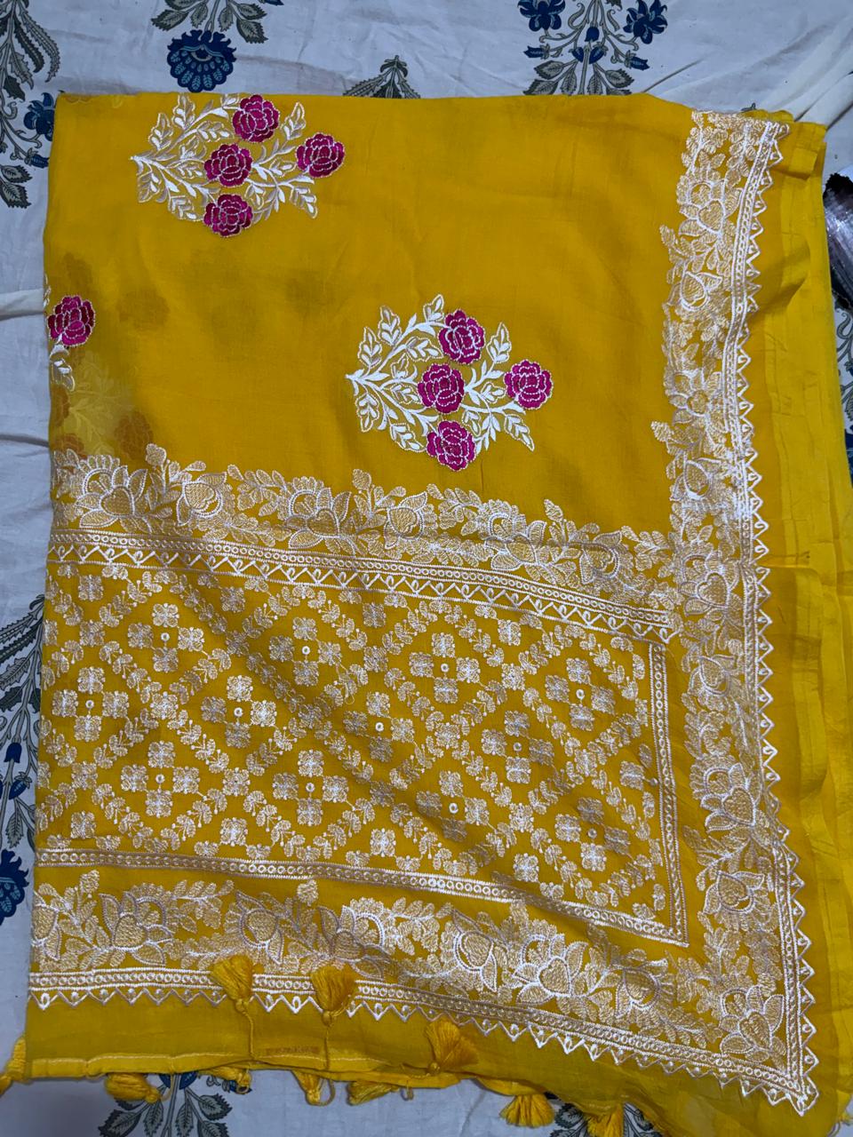Premium chikankari saree-Yellow with flow design