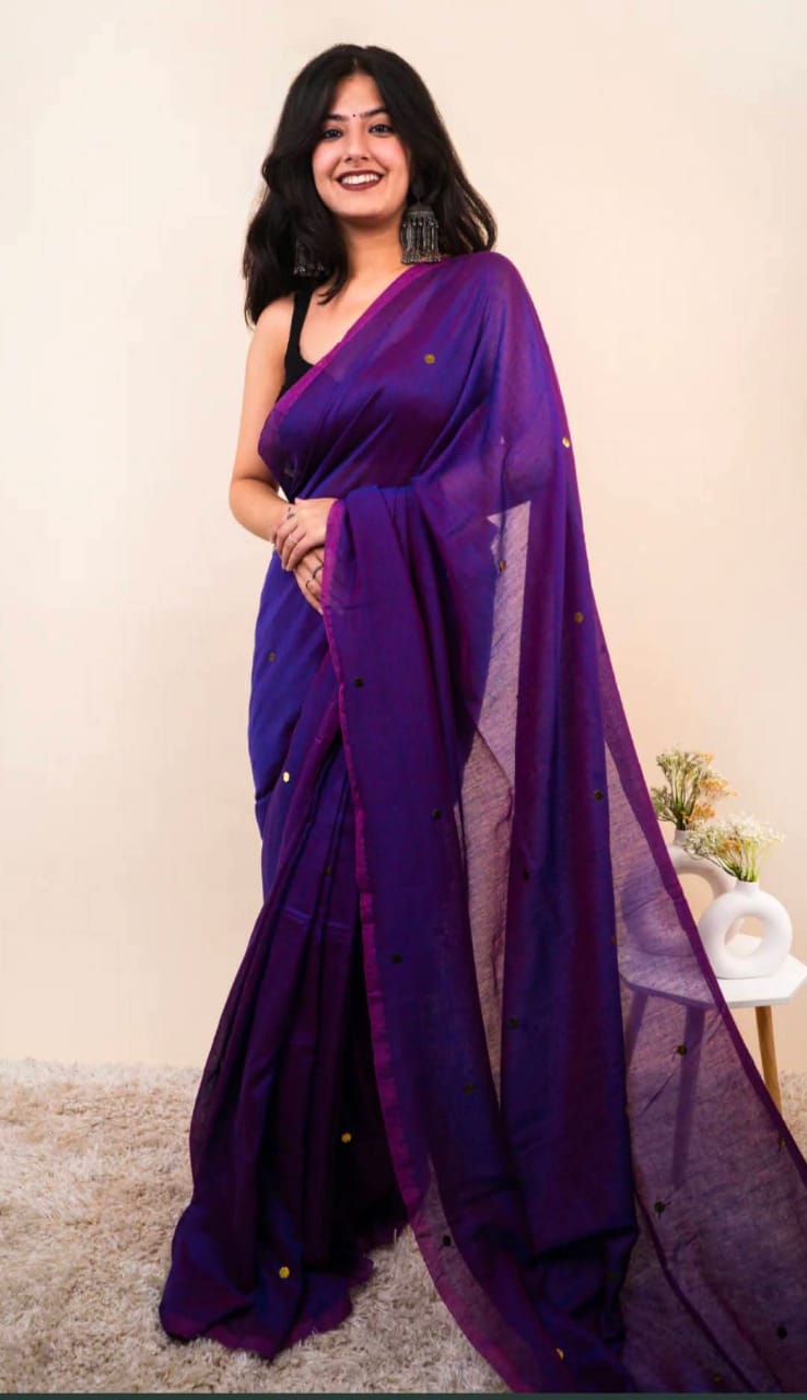 Plain saree with golden buttas -violet
