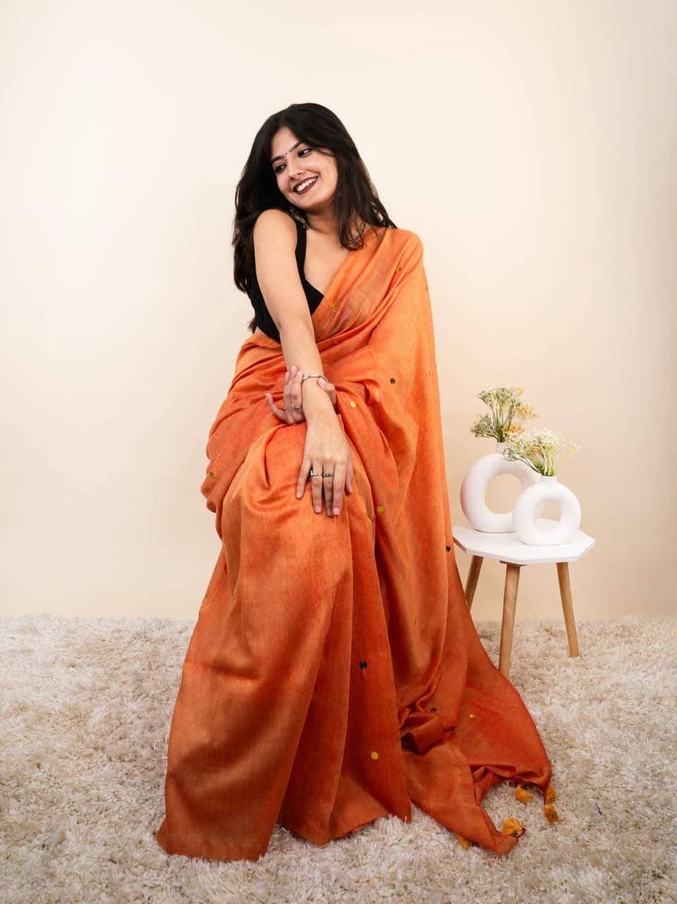 Plain saree with golden buttas - orange