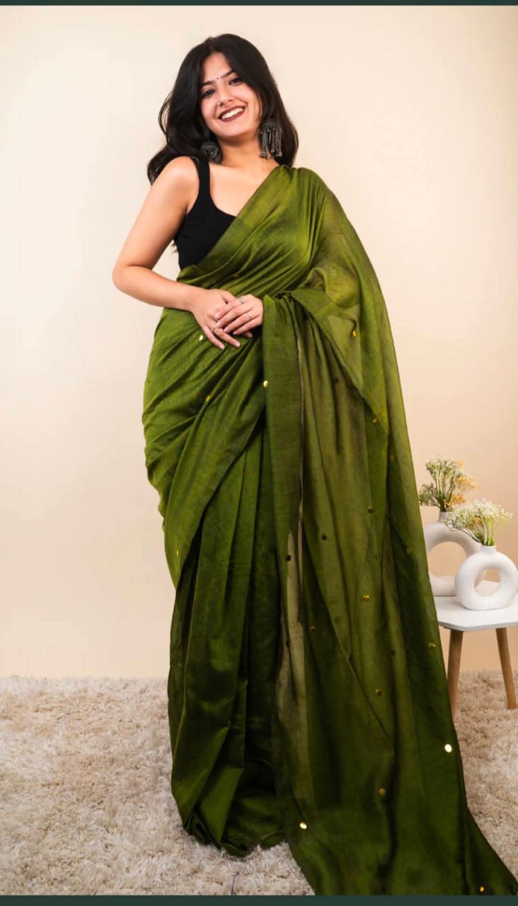 Plain saree with golden buttas - lemon green
