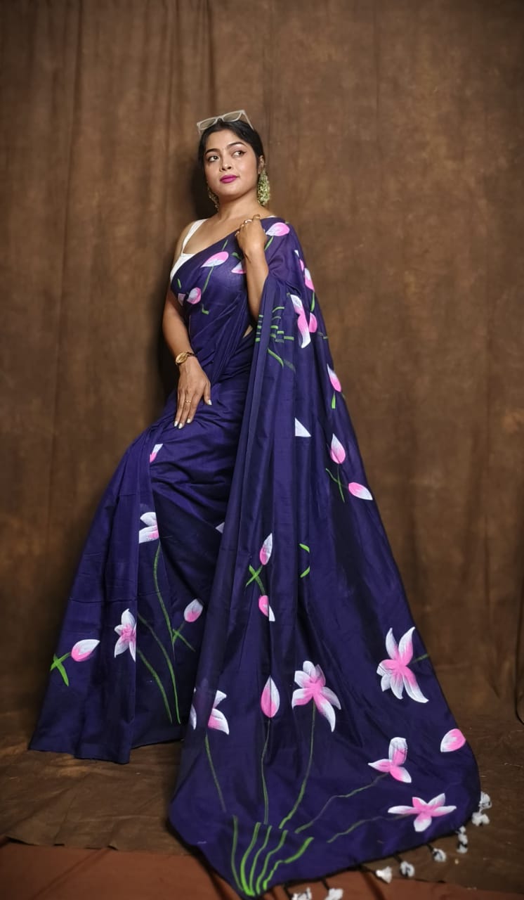 Flower Painted Saree-Navy Blue