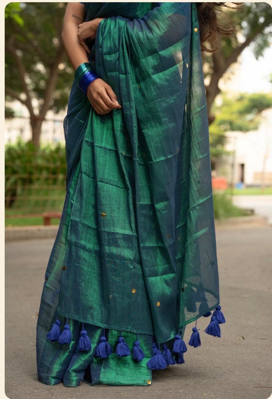 Kadhi Tissue Gini Saree - #peacock colour saree- green