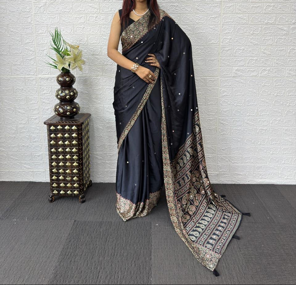 Ajrack model Silk with mirror work- Black boarder with Ajrak design