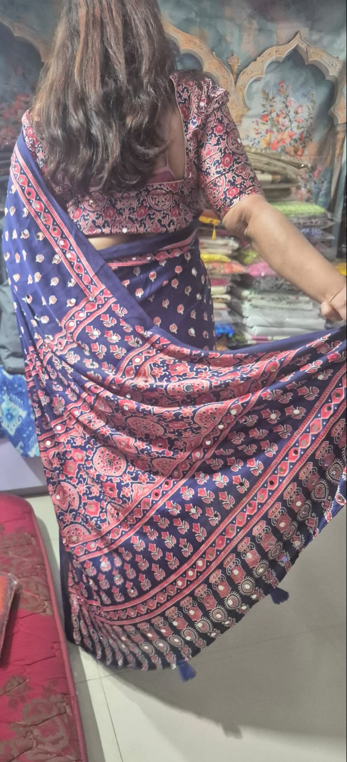Pure Ajrack model Silk with mirror work - Navy blue