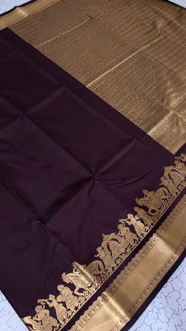 Elegant Brown Soft Silk Saree with Temple Procession Zari Border