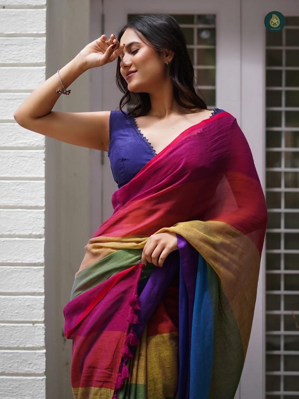 Mul Cotton soft saree - rainbow colour pink shades