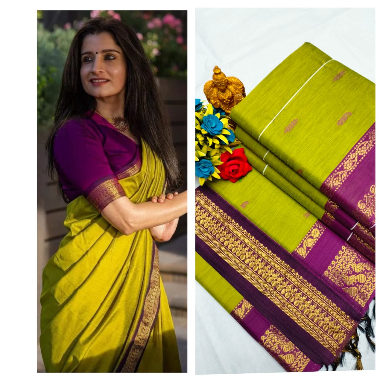 Kalyani cotton saree/Lata Gadwal Paithani - lemon green
