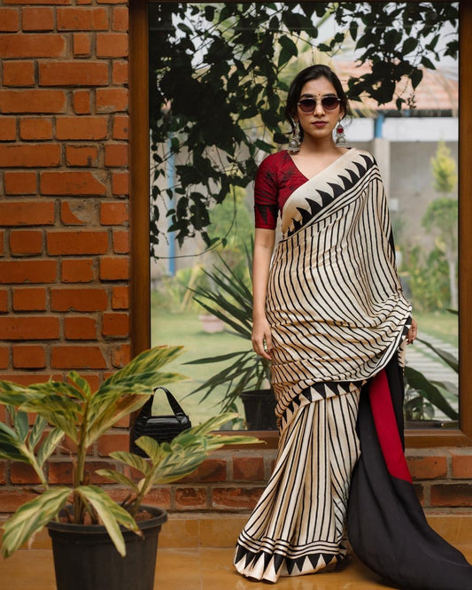 Satin Silk- print white strip n black pallu