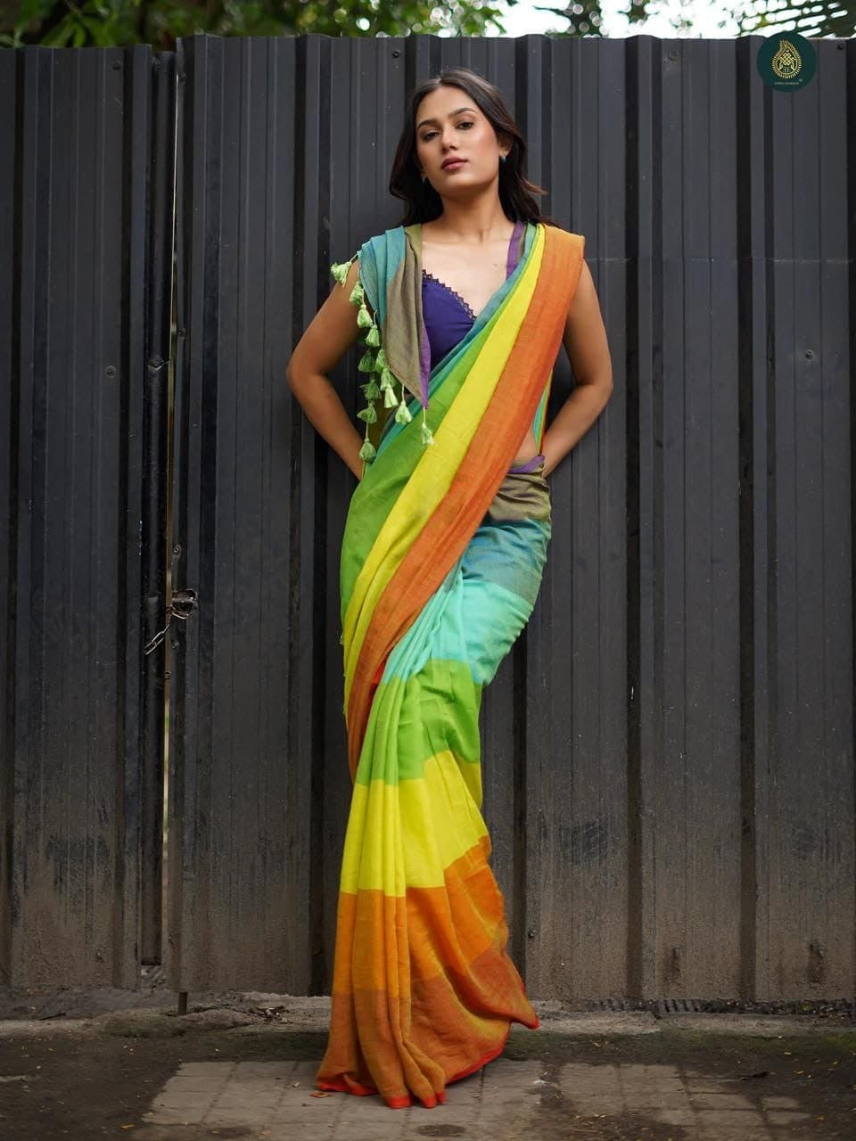 Mul Cotton soft saree - rainbow colour light shades