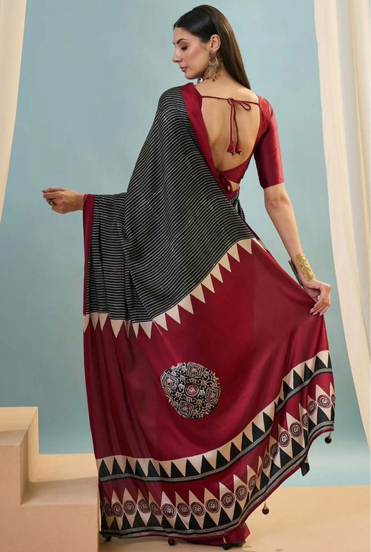 Satin Silk  -black strips red pallu  over saree with triangle boarder