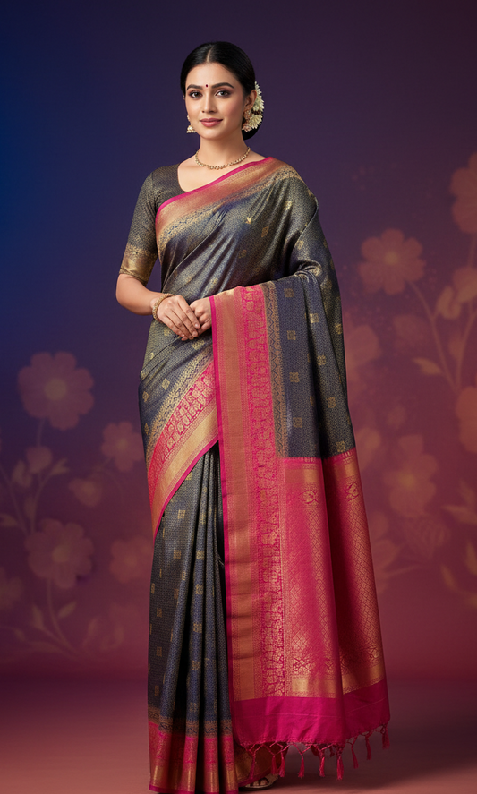 Mysore Soft Silk - Navy color with contrace blouse.