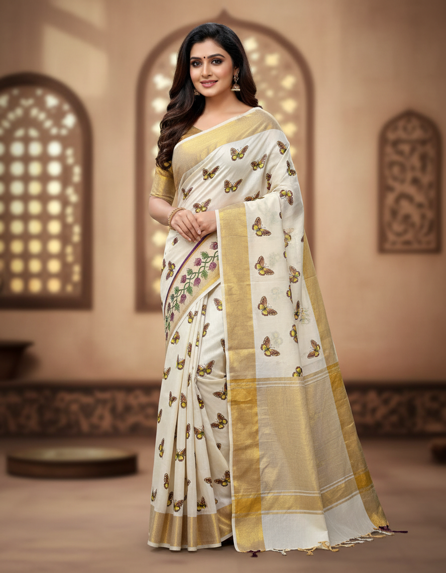 Kerala Cotton saree with butterfly design with blouse
