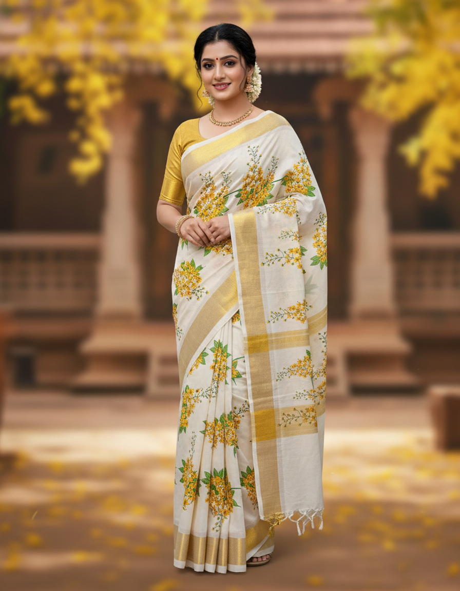 Kanikonna Design Floral Printed Cotton Saree