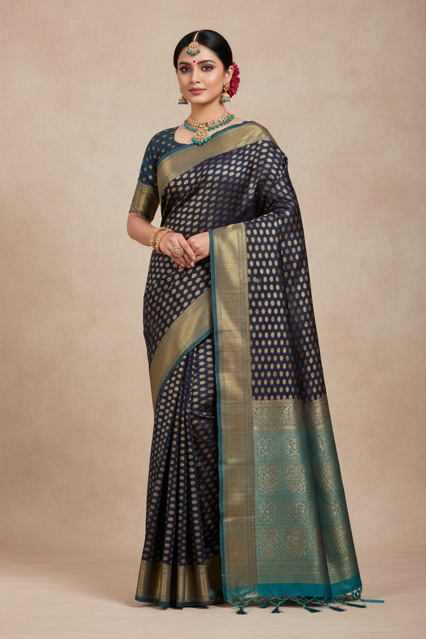 Banarasi Saree with small buttas- Navy Blue with zari boarder