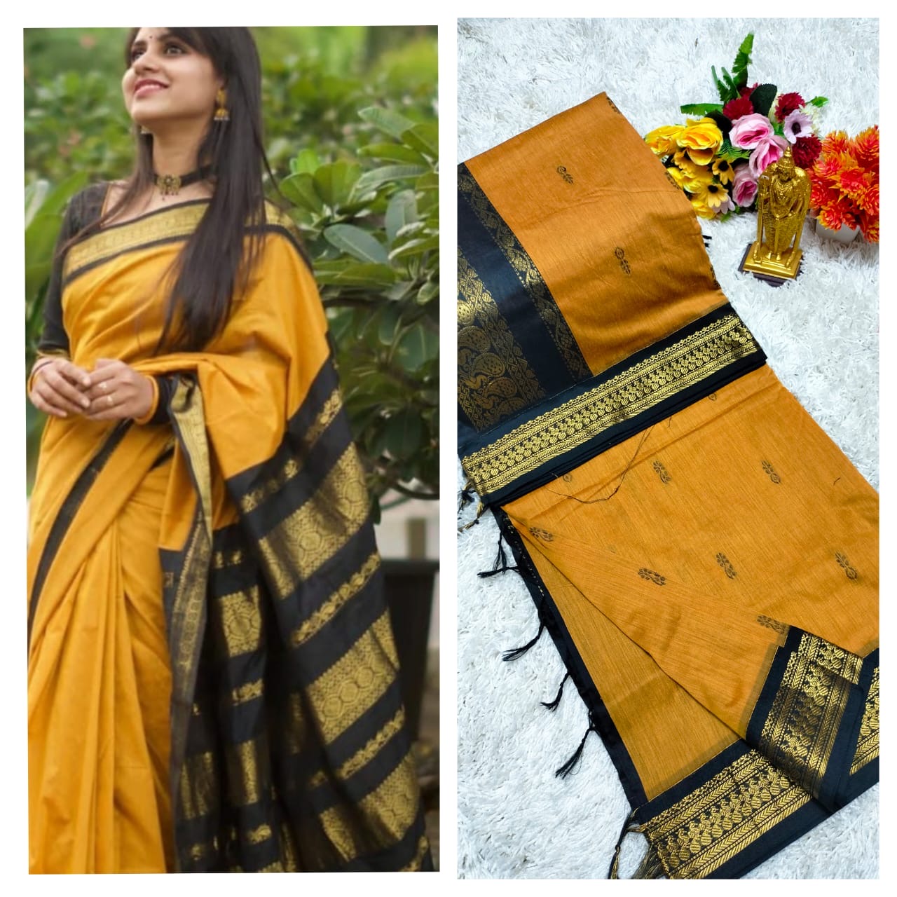 Kalyani cotton saree/Lata Gadwal Paithani -yellow with black boarder