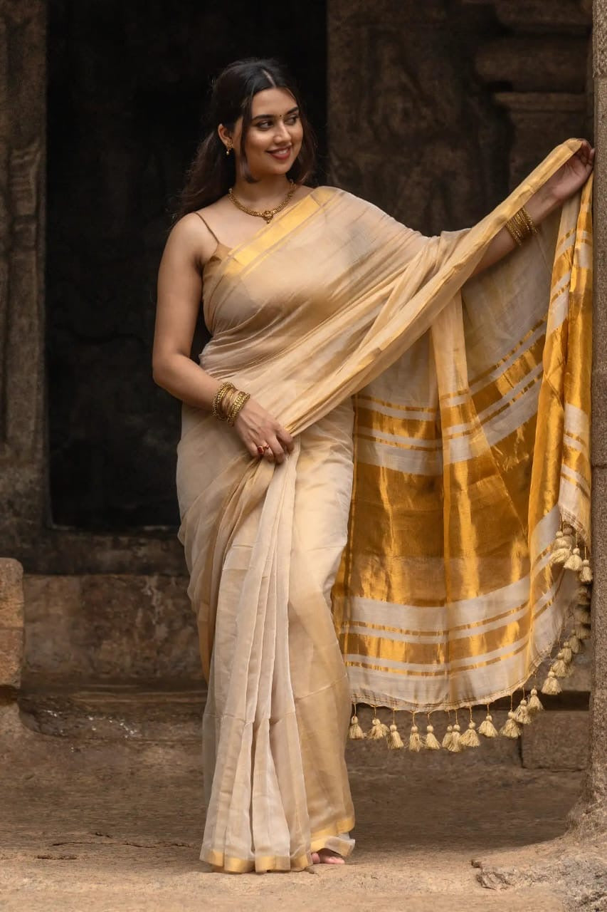 Gold Tissue Saree - golden colour light colour