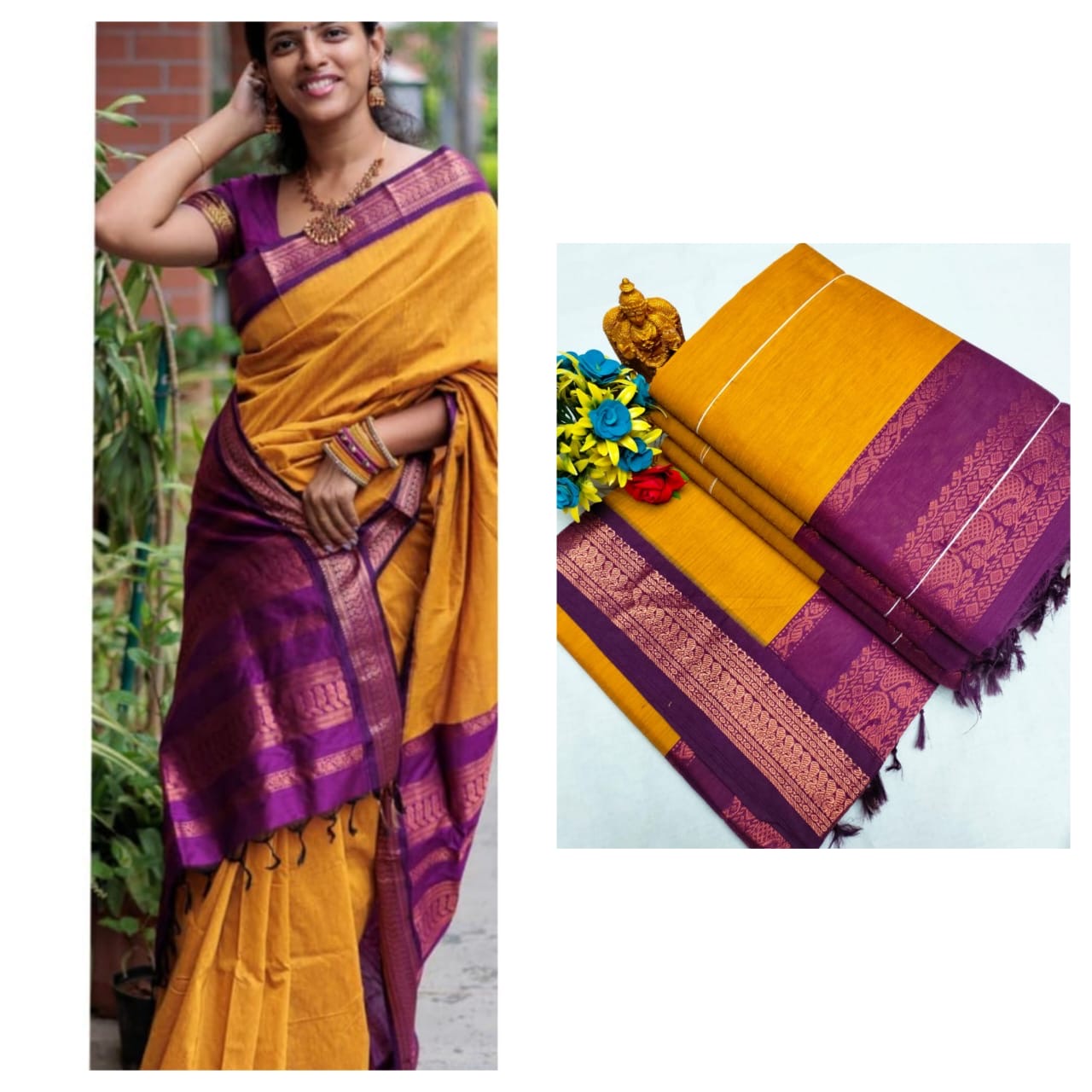 Kalyani cotton saree/Lata Gadwal Paithani -yellow with wine golden zari boarder