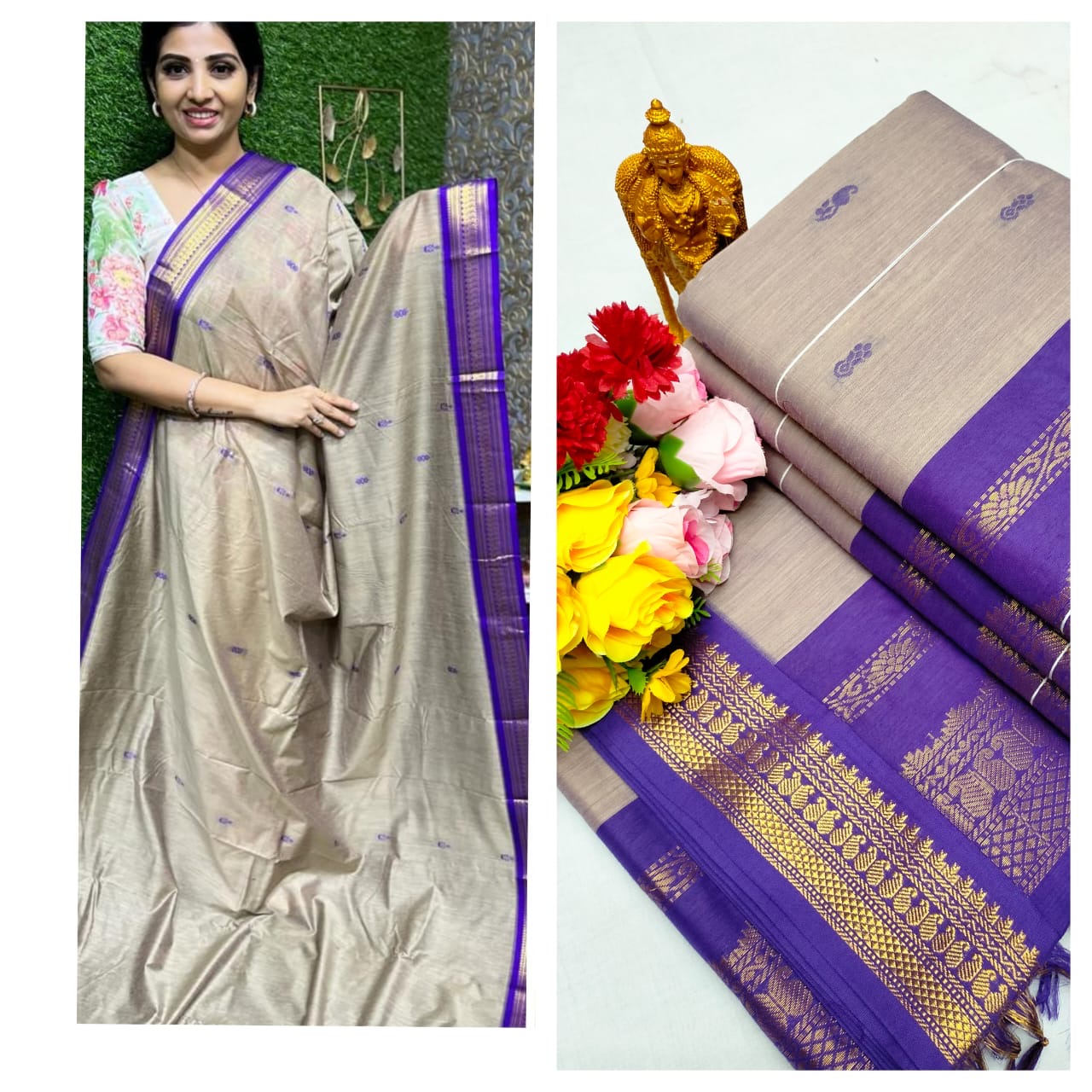 Kalyani cotton saree/Lata Gadwal Paithani -light grey with blue boarder