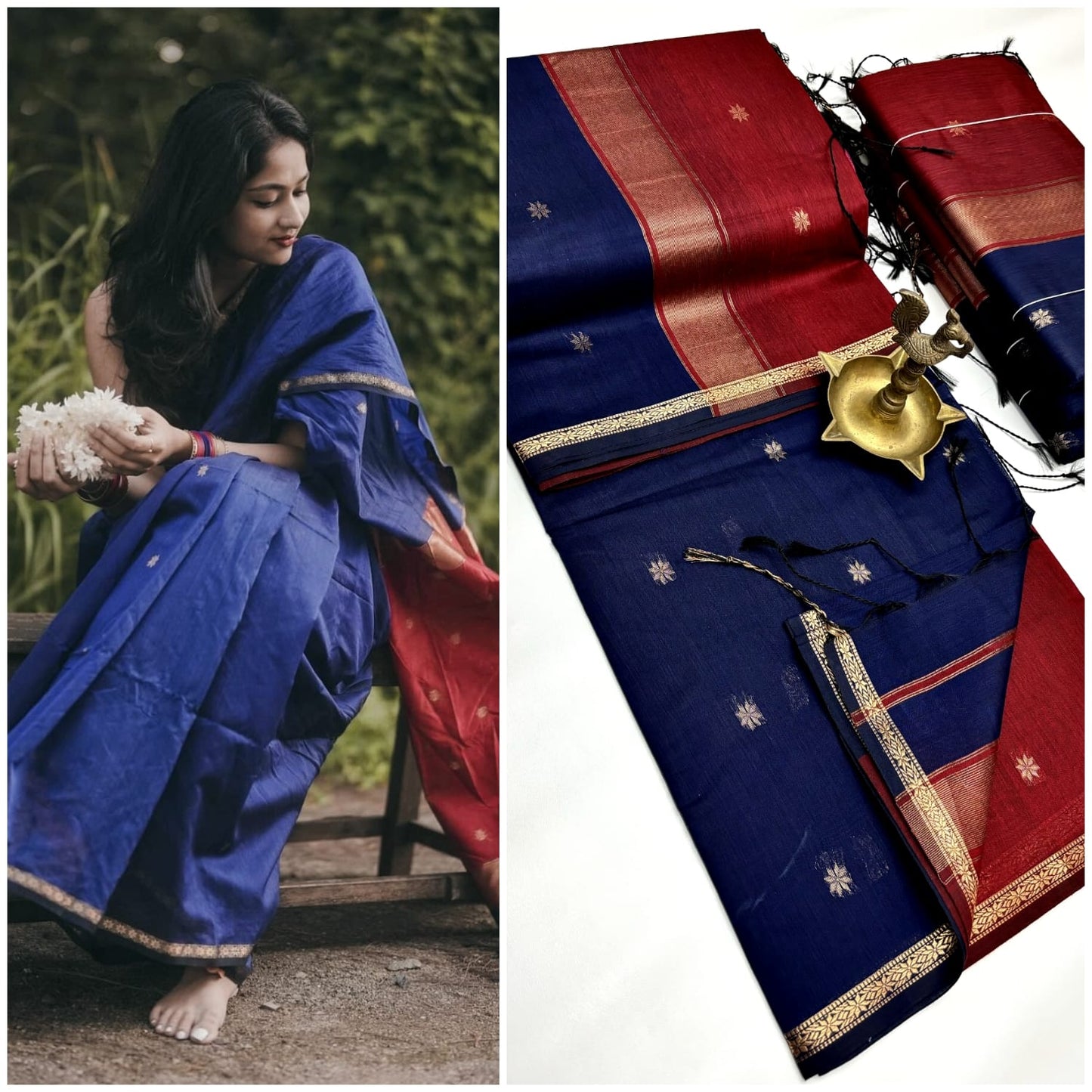 Kalyani cotton saree/Lata Gadw -blue saree red pallu