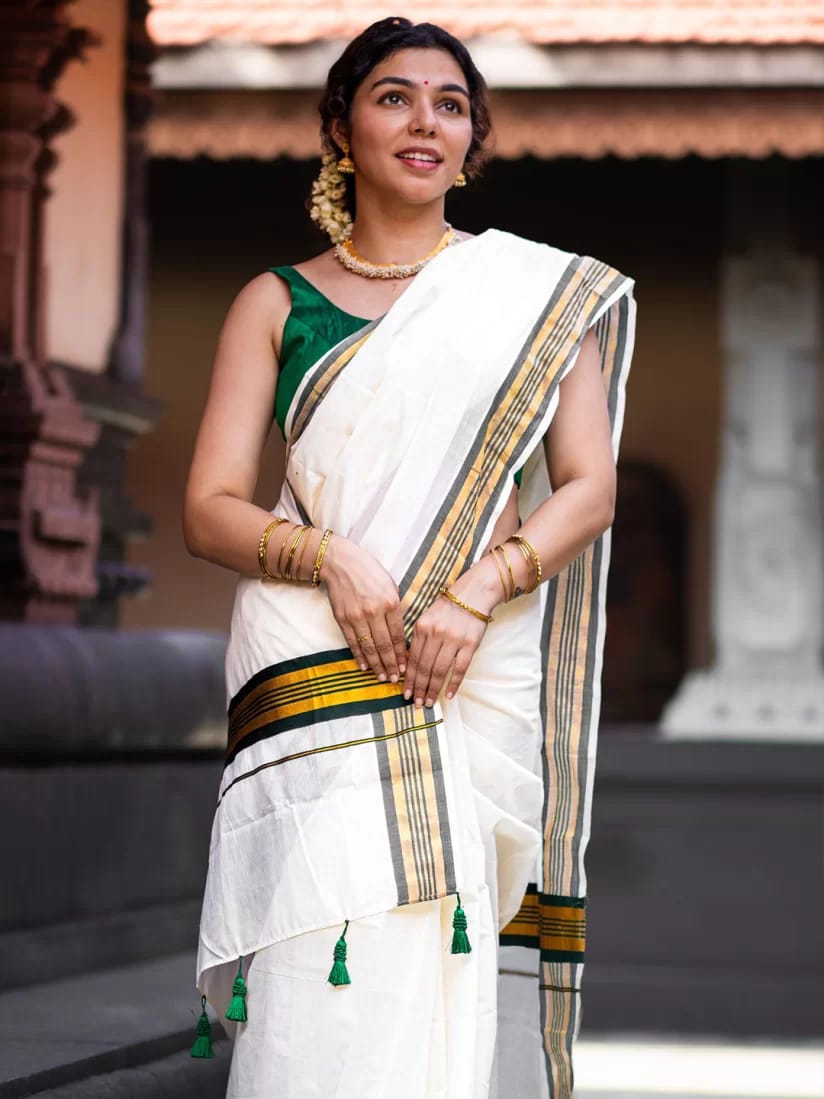 Kerala Cotton with green Kasav boader