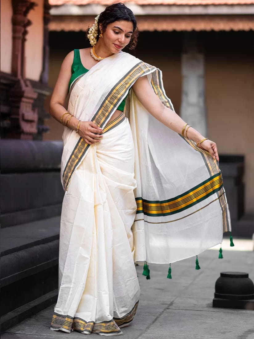 Kerala Cotton with green Kasav boader