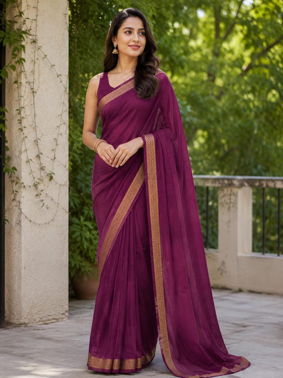 Mysore crep semi -Silk Blend Saree Featuring Rich Traditional Gold Border-  with small boarder