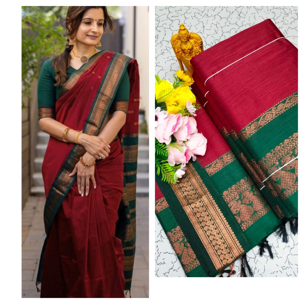 Kalyani cotton saree/Lata Gadwal Paithani -maroon with green boarder