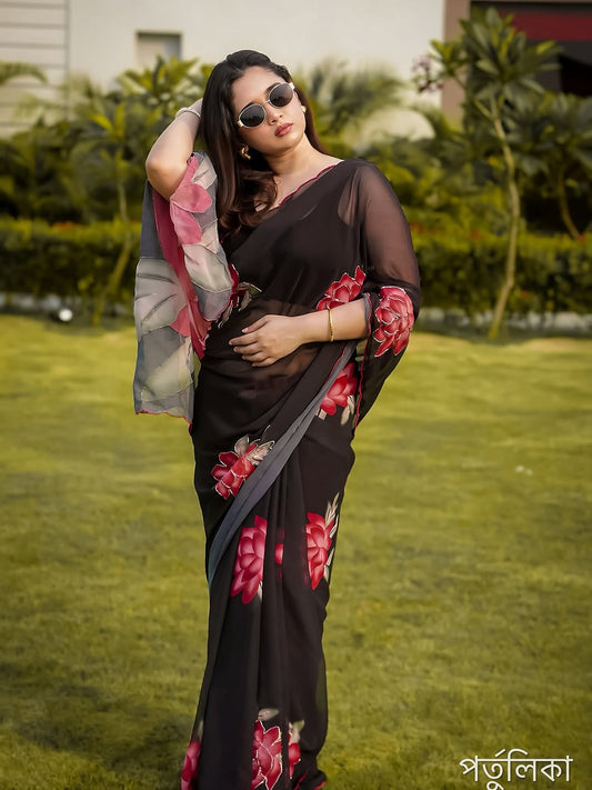 Elegant Black Floral Organza Georgette Saree-Black with flower design