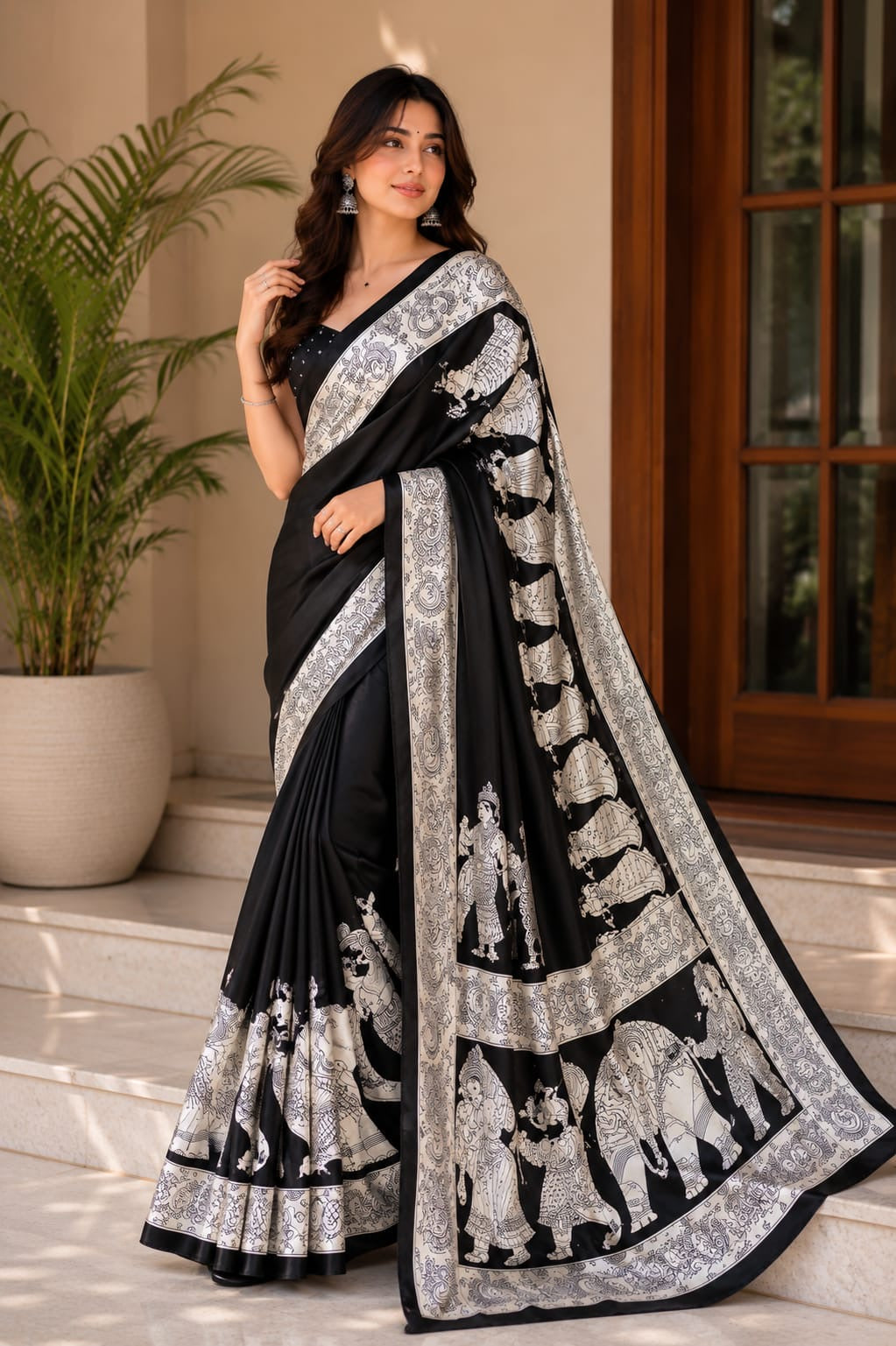 Kalamkari Dola Print saree  Design -black  Dola silk