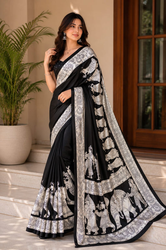 Kalamkari Dola Print saree  Design -black  Dola silk