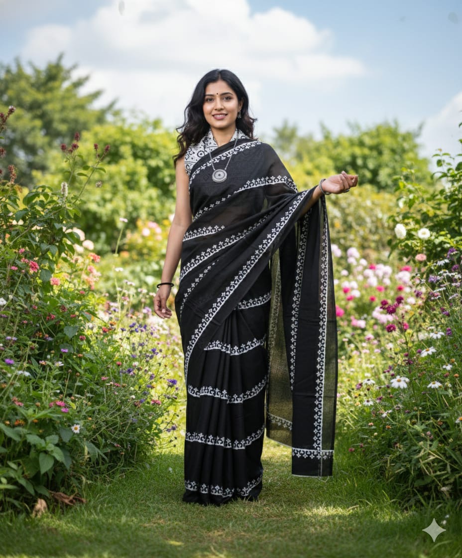 Mulcotton  saree with white stripes