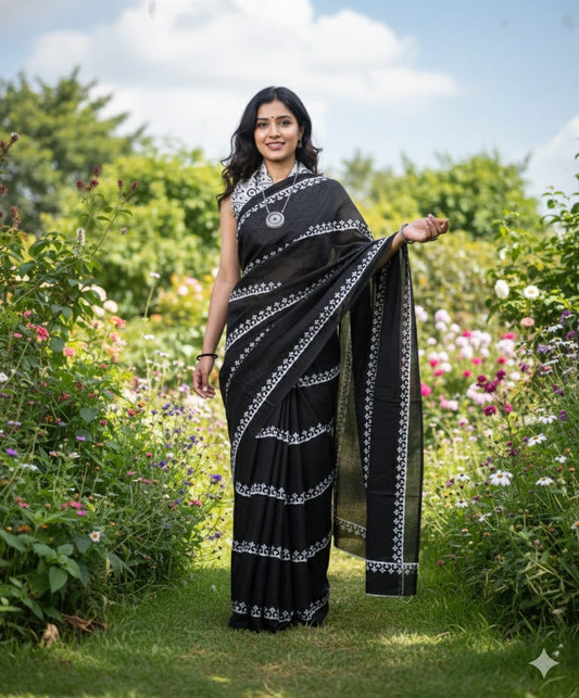 linen saree with white stripes