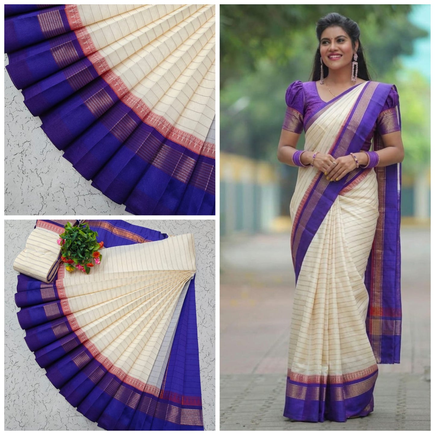 KORVAI BORDER SILK COTTON  SAREES -purple boards lines over saree