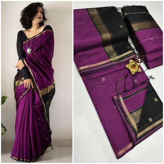 Kalyani cotton saree/Lata Gadw -black  pallu with purple colour saree