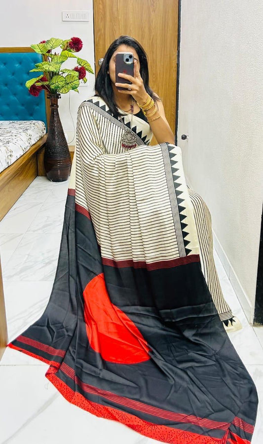 Pure Satin Silk- print white strip and triangle boarder over saree